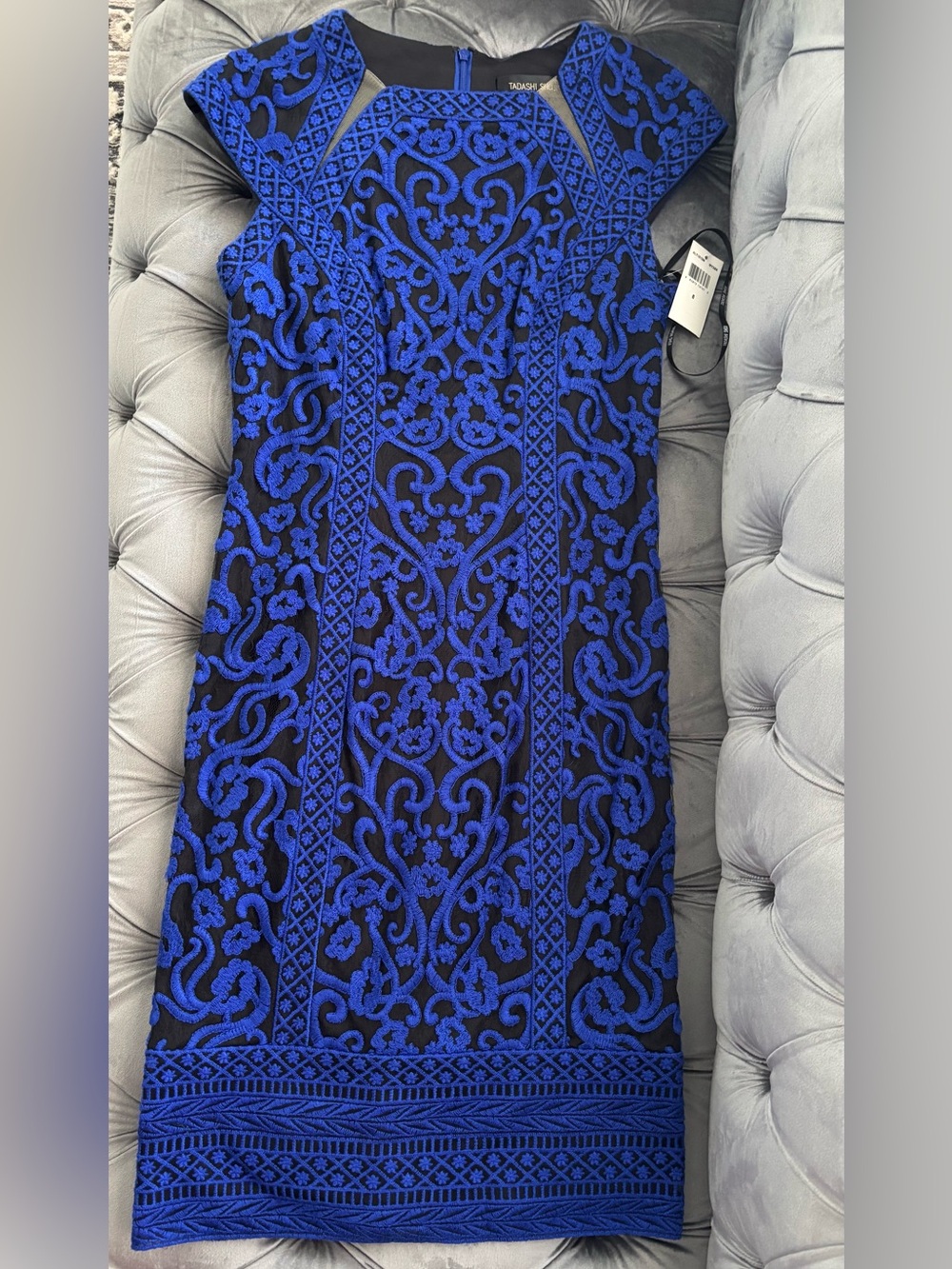 Tadashi Shoji Royal Blue and Black Embroidered Midi Dress